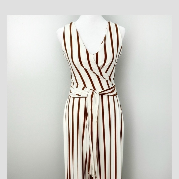Bershka Anthropologie Jumpsuit Brown White Stripe Convertible Belted Cropped Leg - Picture 12 of 16